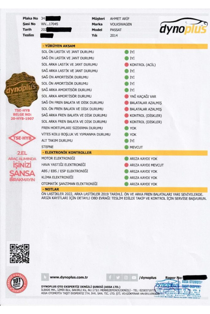 Örnek Oto Ekspertiz Raporları 2024 14 12 Yuruyen Aksam ve OBD Ozet