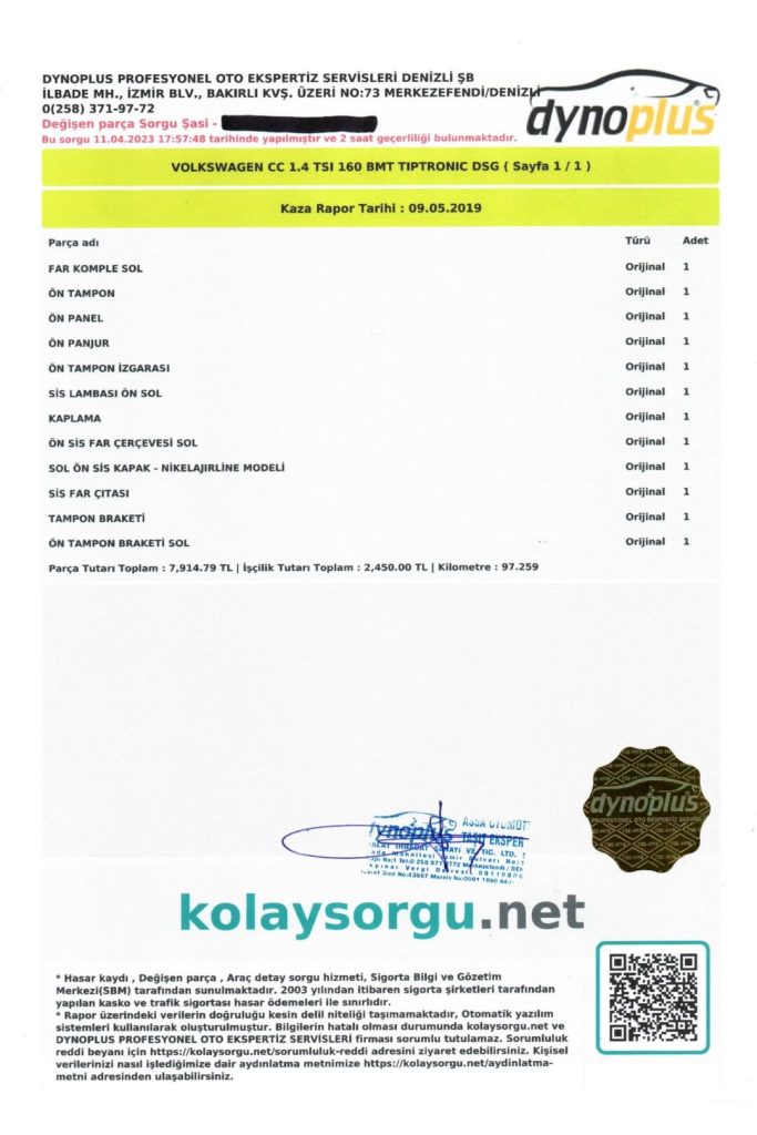 Örnek Oto Ekspertiz Raporları 2024 19 16 Degisen Parca Sorgulama